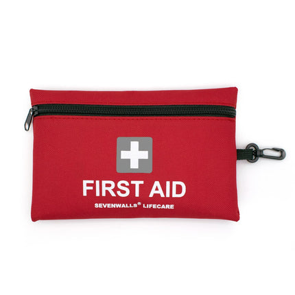 Red Trek first aid kit with 'Sevenwalls Lifecare' branding on a white background