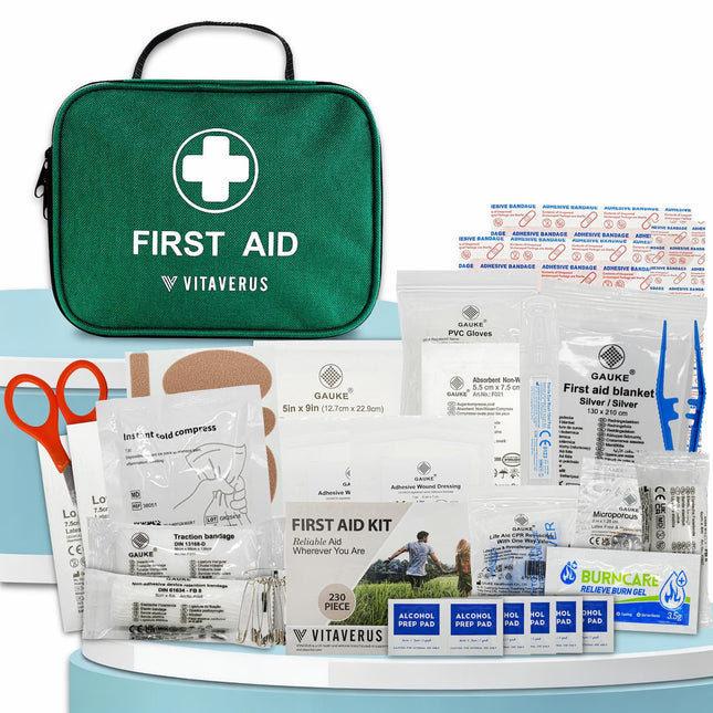 Vitaverus first aid kit with various supplies on a white background