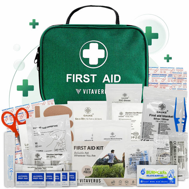 Vitaverus first aid kit with various supplies on a white background