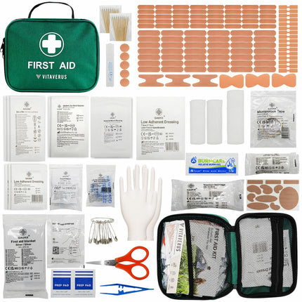 Vitaverus first aid kit with various medical supplies on a white background