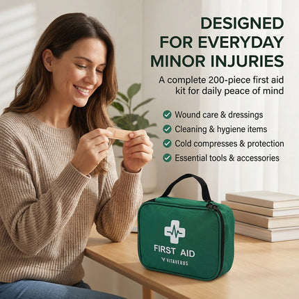 Woman using a first aid kit with text about its contents and benefits