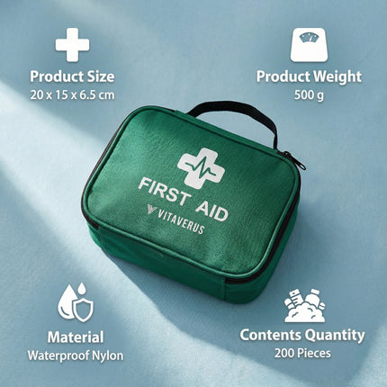 Green first aid kit with Vitaverus branding on a light blue background