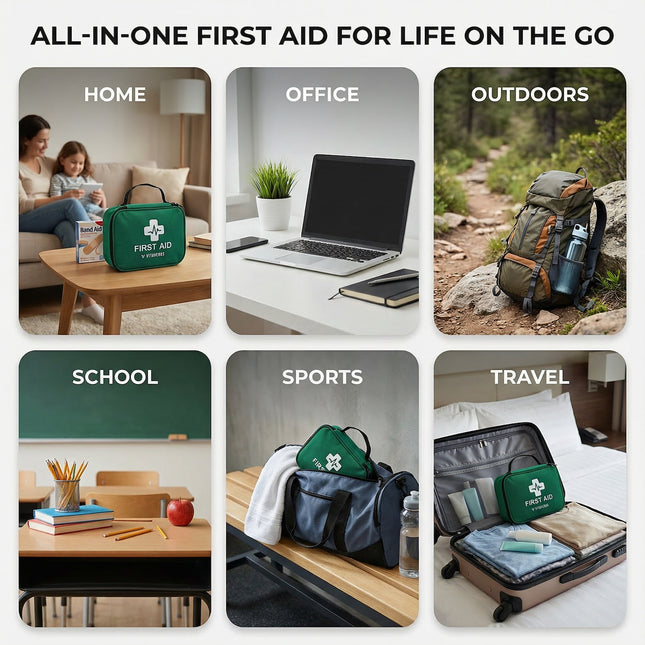 Collage of a first aid kit used in various settings including home, office, outdoors, school, sports, and travel.