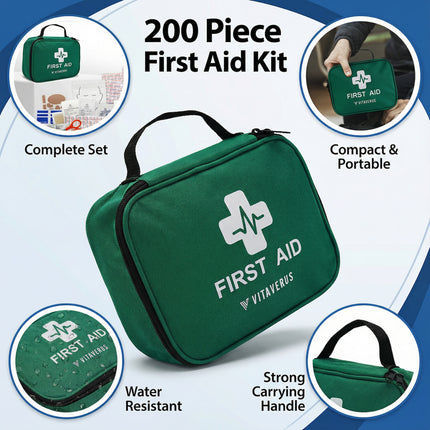 Green first aid kit with Vitaverus branding, featuring text on its importance and features.