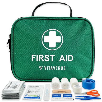 Green first aid kit with Vitaverus branding and various medical supplies on a white background