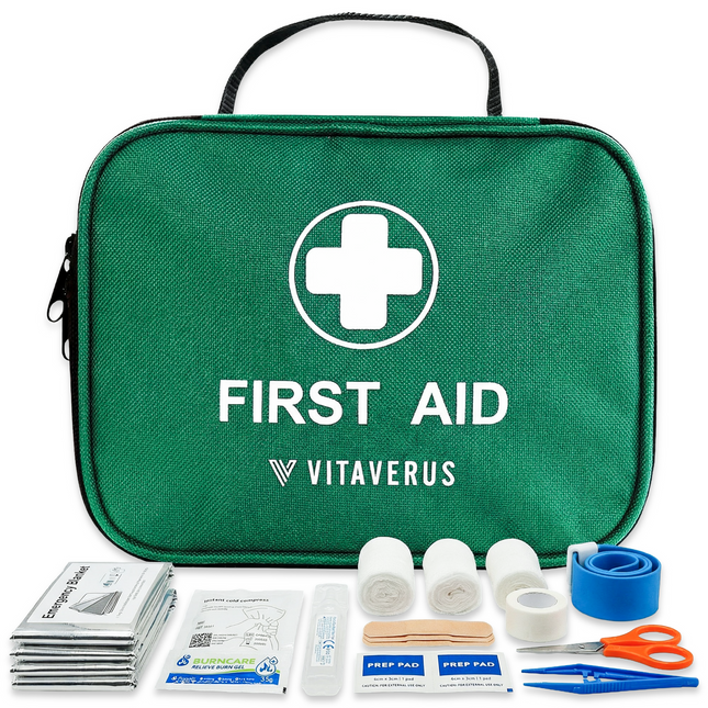 Green first aid kit with Vitaverus branding and various medical supplies on a white background