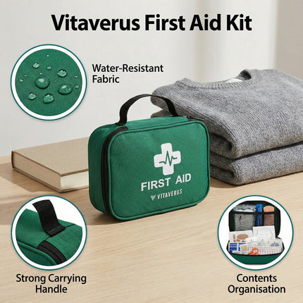 Vitaverus first aid kit with water-resistant fabric, strong carrying handle, and contents organization features.