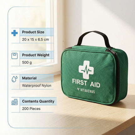 Green first aid kit with Vitaverus branding on a light surface