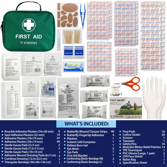 Vitaverus first aid kit with various components displayed on a white background