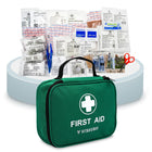 Green first aid kit with open lid displaying medical supplies on a white background