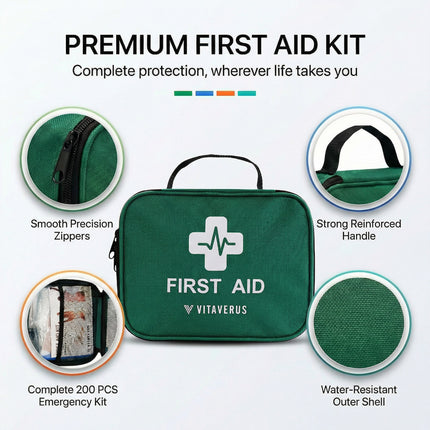 Green first aid kit with Vitaverus branding, featuring zippers, handle, and emergency kit details.