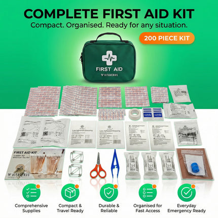 200-piece first aid kit with various supplies on a white background