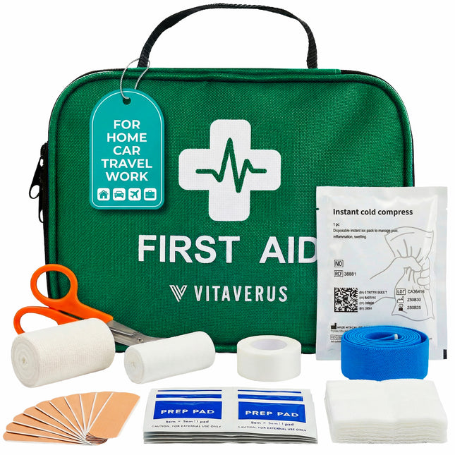 Vitaverus first aid kit with various supplies on a white background