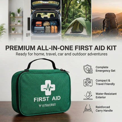 Green first aid kit with Vitaverus branding, surrounded by lifestyle images of home, travel, car, and outdoor settings.