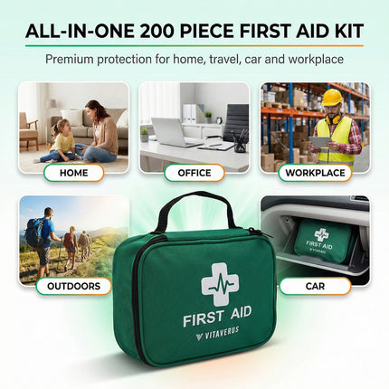 Green first aid kit with Vitaverus branding, surrounded by scenarios like home, office, workplace, outdoors, and car.