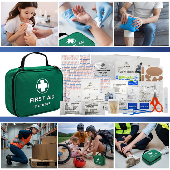 Collage of first aid usage, supplies, and a first aid kit with visible branding.