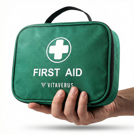 Green first aid kit held by a hand with Vitaverus branding on a white background