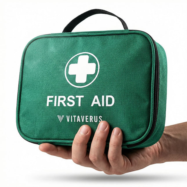 Green first aid kit held by a hand with Vitaverus branding on a white background