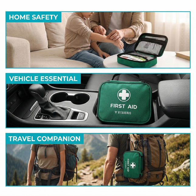Green first aid kit with Vitaverus branding used for home safety, vehicle essential, and travel companion applications.