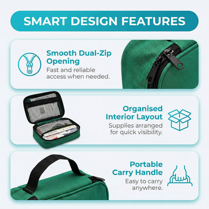 Green bag with smart design features highlighted on a blue background