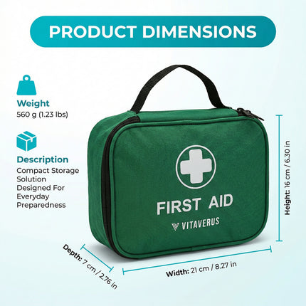 Green first aid kit with Vitaverus branding and product dimensions on a white background