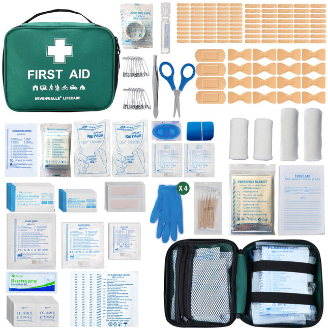 First aid kit with various components on a white background