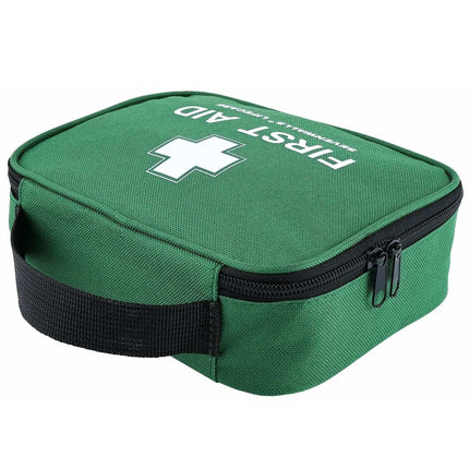 Green first aid kit with a black zipper on a white background