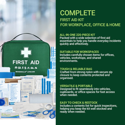 Green first aid kit with contents displayed on a blurred background