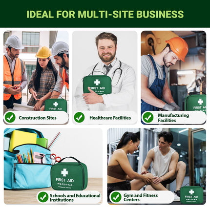 Collage of people in various settings with a focus on first aid kits, ideal for multi-site businesses.