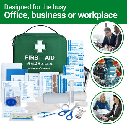 First aid kit with office and workplace images on a green background